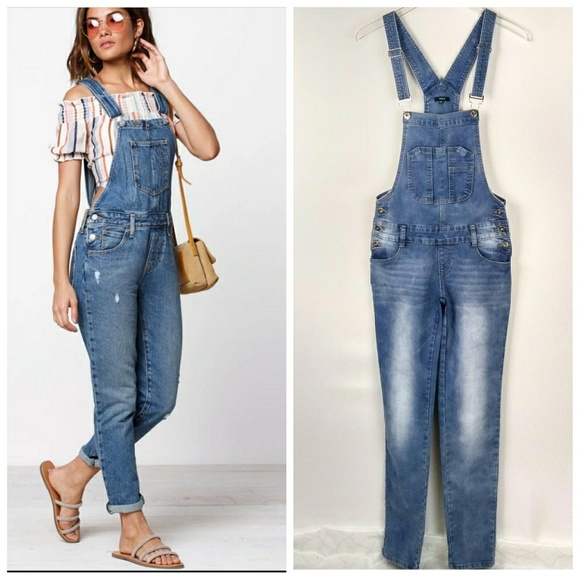Denim - High Waist Denim Overalls Distressed Wash Size M